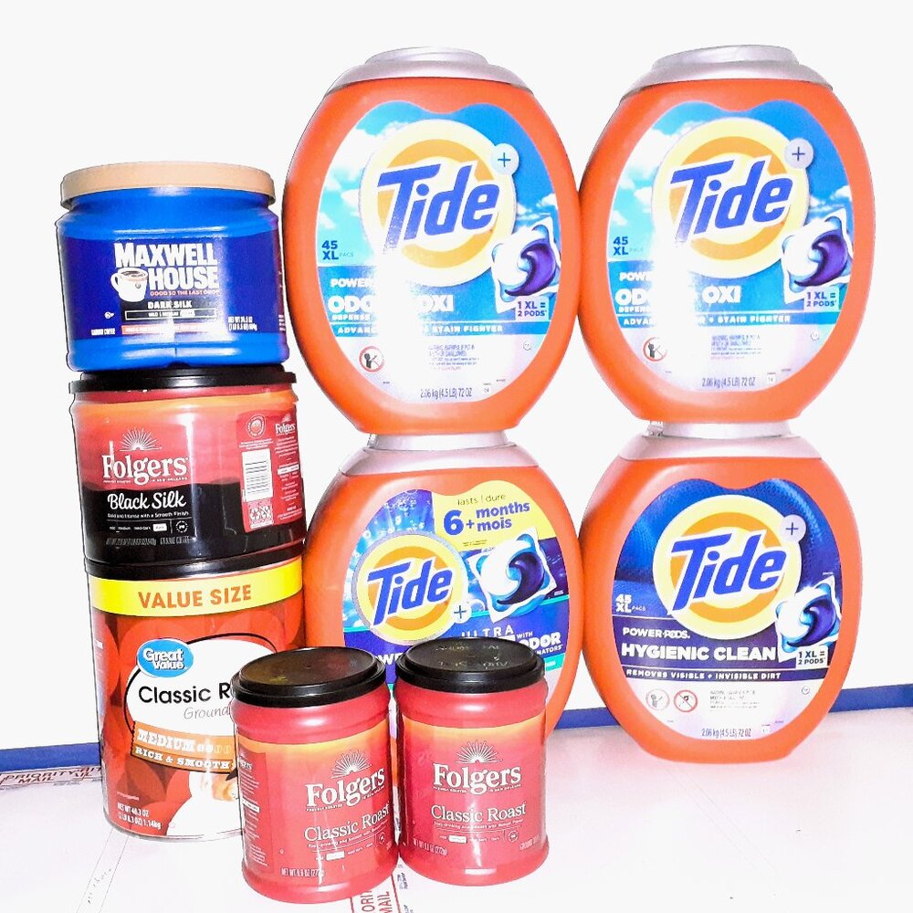 9 All empty containers - {4-Tide - 1 Maxwell House - 3 Folgers - 1 Great Value}